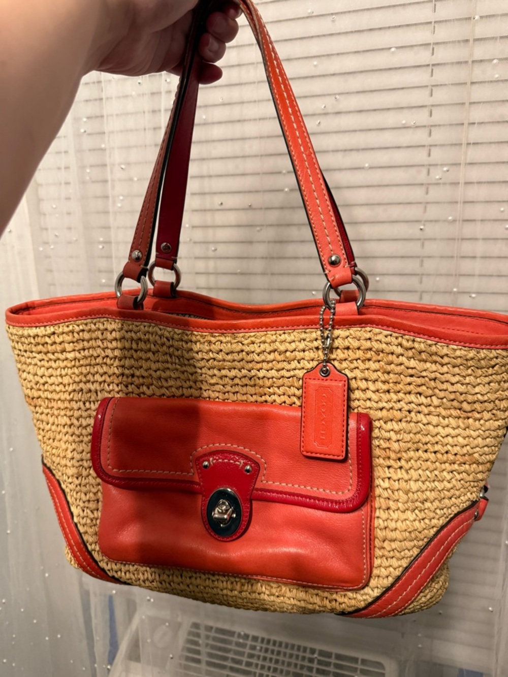 Coach Straw Tote Bag with Orange Leather Trim